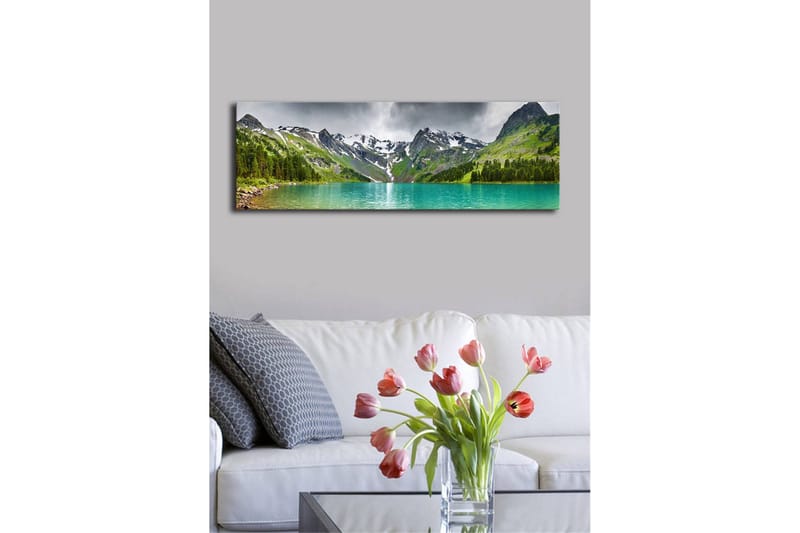 Canvas-taulu LED-valaistuksella 30x90 cm - Upea vuoristomaisema kimaltelevalla järvellä - Turkoosi / Vihreä / Harmaa - Sisustustuotteet - Taulu & taide - Canvas-taulu