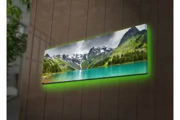 Canvas-taulu LED-valaistuksella 30x90 cm - Upea vuoristomaisema kimaltelevalla järvellä - Turkoosi / Vihreä / Harmaa - Sisustustuotteet - Taulu & taide - Canvas-taulu