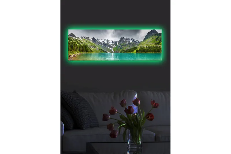 Canvas-taulu LED-valaistuksella 30x90 cm - Upea vuoristomaisema kimaltelevalla järvellä - Turkoosi / Vihreä / Harmaa - Sisustustuotteet - Taulu & taide - Canvas-taulu