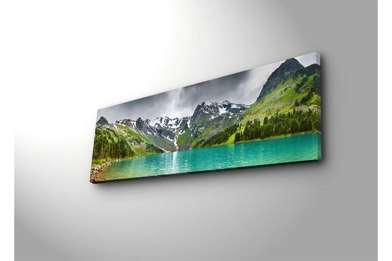 Canvas-taulu LED-valaistuksella 30x90 cm - Upea vuoristomaisema kimaltelevalla järvellä - Turkoosi / Vihreä / Harmaa - Sisustustuotteet - Taulu & taide - Canvas-taulu