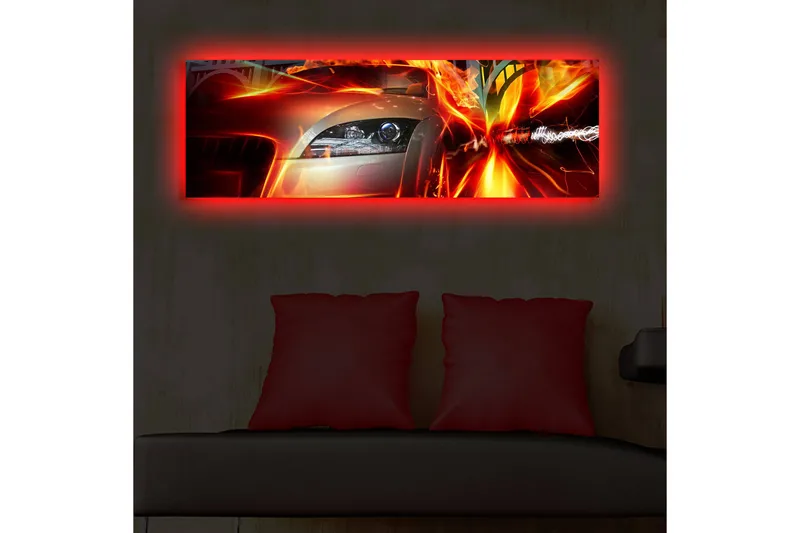 Canvas-taulu LED-valaistuksella 30x90 cm - Urheiluauto liikkeessä dynaamisilla valotehosteilla - Punainen / Oranssi / Musta - Sisustustuotteet - Taulu & taide - Canvas-taulu