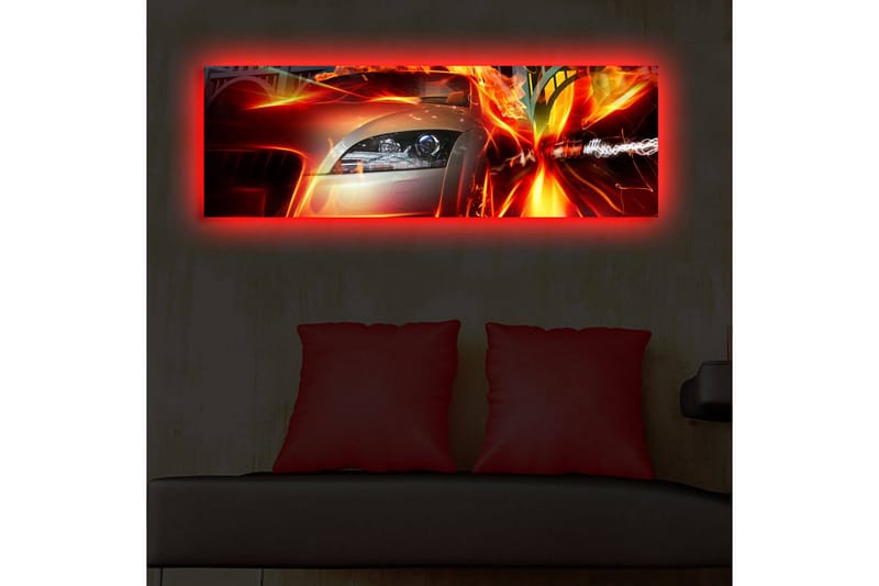 Canvas-taulu LED-valaistuksella 30x90 cm - Urheiluauto liikkeessä dynaamisilla valotehosteilla - Punainen / Oranssi / Musta - Sisustustuotteet - Taulu & taide - Canvas-taulu