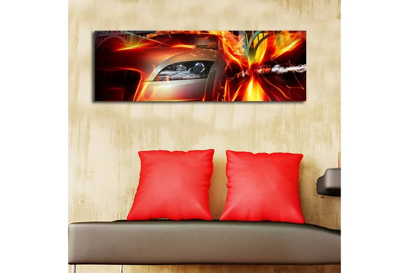 Canvas-taulu LED-valaistuksella 30x90 cm - Urheiluauto liikkeessä dynaamisilla valotehosteilla - Punainen / Oranssi / Musta - Sisustustuotteet - Taulu & taide - Canvas-taulu