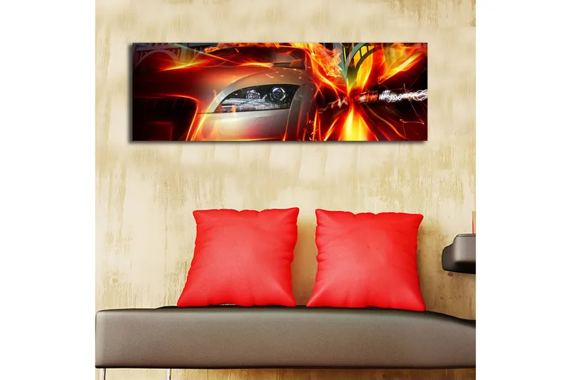 Canvas-taulu LED-valaistuksella 30x90 cm - Urheiluauto liikkeessä dynaamisilla valotehosteilla - Punainen / Oranssi / Musta - Sisustustuotteet - Taulu & taide - Canvas-taulu