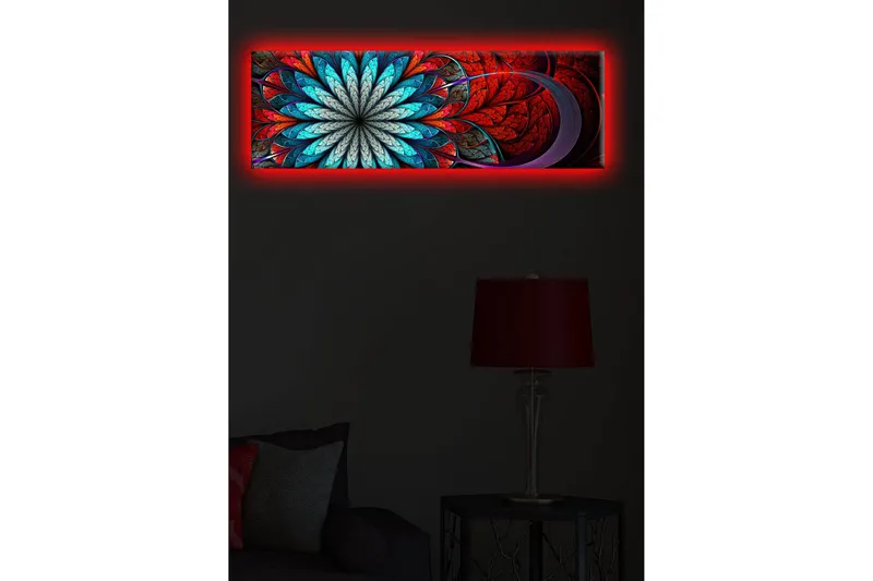 Canvas-taulu LED-valaistuksella 30x90 cm - Värikäs abstrakti sommitelma kukkamaisella kuviolla - Punainen / Turkoosi / Harmaa - Sisustustuotteet - Taulu & taide - Canvas-taulu