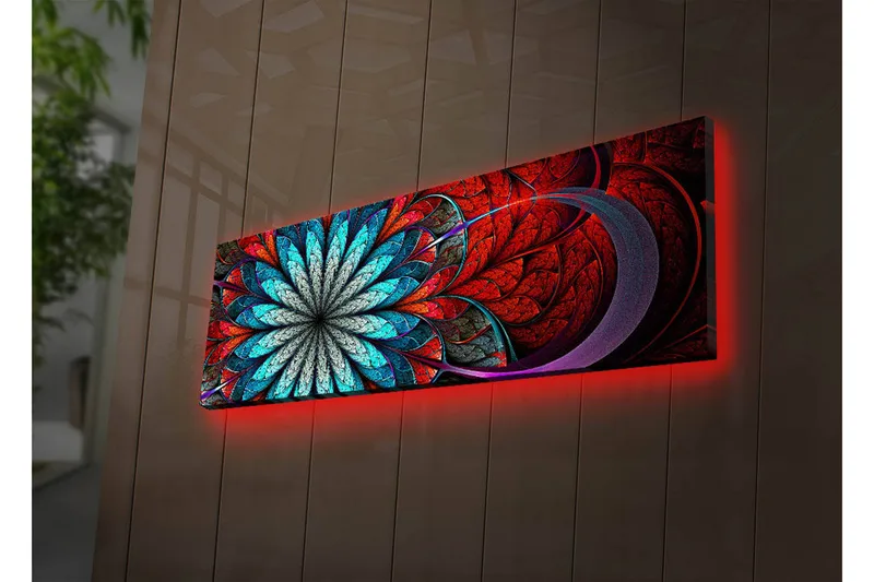 Canvas-taulu LED-valaistuksella 30x90 cm - Värikäs abstrakti sommitelma kukkamaisella kuviolla, Punainen / Turkoosi / Harmaa