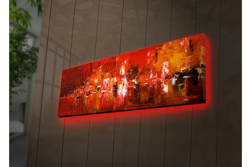 Canvas-taulu LED-valaistuksella 30x90 cm - Värikäs abstrakti sommitelma punaisen ja oranssin elementeillä - Punainen / Oranssi / Musta - Sisustustuotteet - Taulu & taide - Canvas-taulu