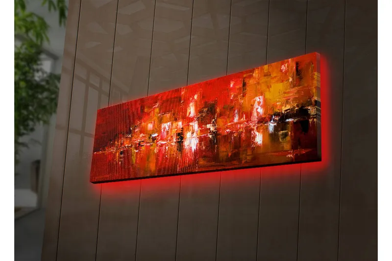 Canvas-taulu LED-valaistuksella 30x90 cm - Värikäs abstrakti sommitelma punaisen ja oranssin elementeillä - Punainen / Oranssi / Musta - Sisustustuotteet - Taulu & taide - Canvas-taulu