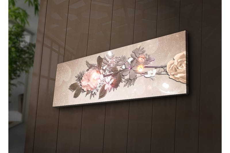 Canvas-taulu LED-valaistuksella 30x90 cm - Värikäs kukka-asetelma ruusuilla ja lehdillä - Vaaleanpunainen / Vihreä / Beige - Sisustustuotteet - Taulu & taide - Canvas-taulu