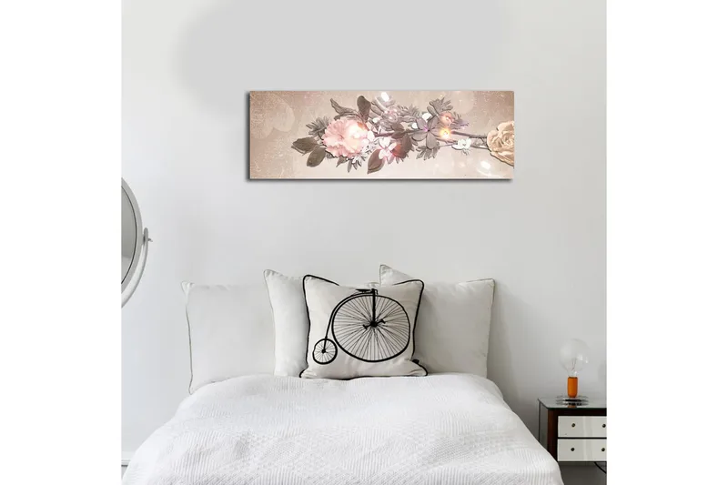 Canvas-taulu LED-valaistuksella 30x90 cm - Värikäs kukka-asetelma ruusuilla ja lehdillä - Vaaleanpunainen / Vihreä / Beige - Sisustustuotteet - Taulu & taide - Canvas-taulu