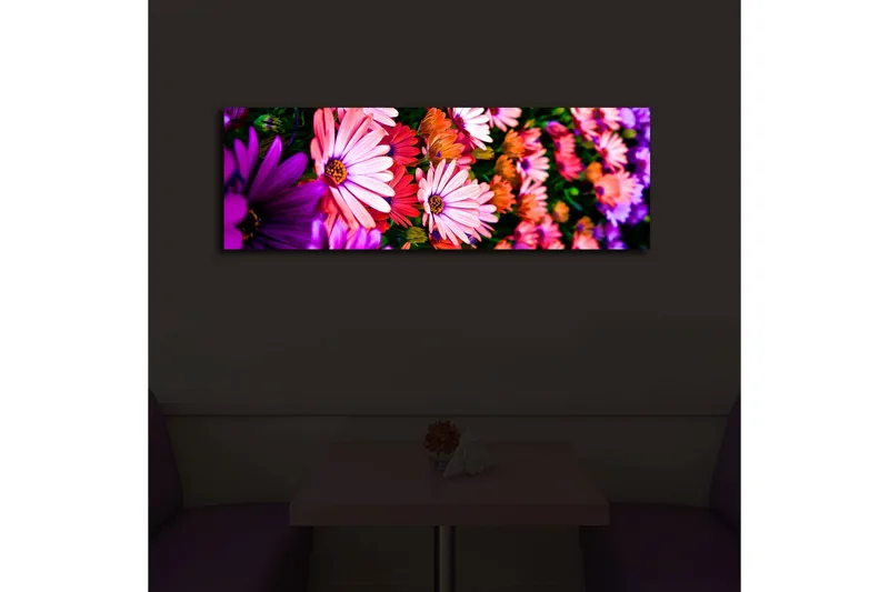 Canvas-taulu LED-valaistuksella 30x90 cm - Värikäs kukkakimppu - Vaaleanpunainen / Violetti / Vihreä - Sisustustuotteet - Taulu & taide - Canvas-taulu