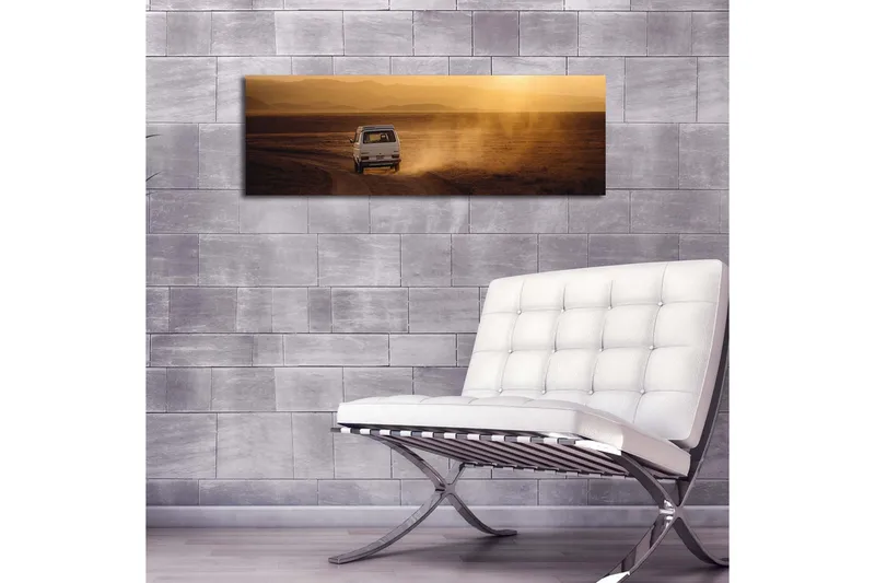 Canvas-taulu LED-valaistuksella 30x90 cm - Värikäs maisemakuva, jossa auto ajaa soratiellä - Kulta / Ruskea - Sisustustuotteet - Taulu & taide - Canvas-taulu