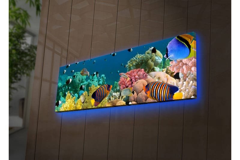 Canvas-taulu LED-valaistuksella 30x90 cm - Värikäs vedenalainen maisema trooppisilla kaloilla ja koralleilla - Sininen / Keltainen / Vaaleanpunainen - Sisustustuotteet - Taulu & taide - Canvas-taulu