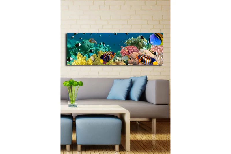 Canvas-taulu LED-valaistuksella 30x90 cm - Värikäs vedenalainen maisema trooppisilla kaloilla ja koralleilla - Sininen / Keltainen / Vaaleanpunainen - Sisustustuotteet - Taulu & taide - Canvas-taulu
