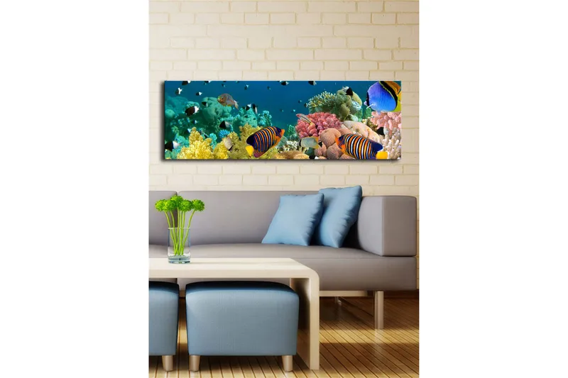 Canvas-taulu LED-valaistuksella 30x90 cm - Värikäs vedenalainen maisema trooppisilla kaloilla ja koralleilla - Sininen / Keltainen / Vaaleanpunainen - Sisustustuotteet - Taulu & taide - Canvas-taulu