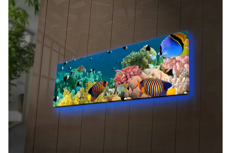 Canvas-taulu LED-valaistuksella 30x90 cm - Värikäs vedenalainen maisema trooppisilla kaloilla ja koralleilla - Sininen / Keltainen / Vaaleanpunainen - Sisustustuotteet - Taulu & taide - Canvas-taulu