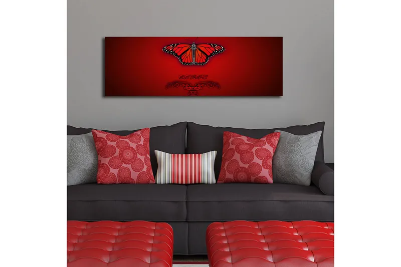 Canvas-taulu LED-valaistuksella 30x90 cm - Värikäs perhonen yksityiskohtaisilla siivillä - Punainen / Musta / Oranssi - Sisustustuotteet - Taulu & taide - Canvas-taulu