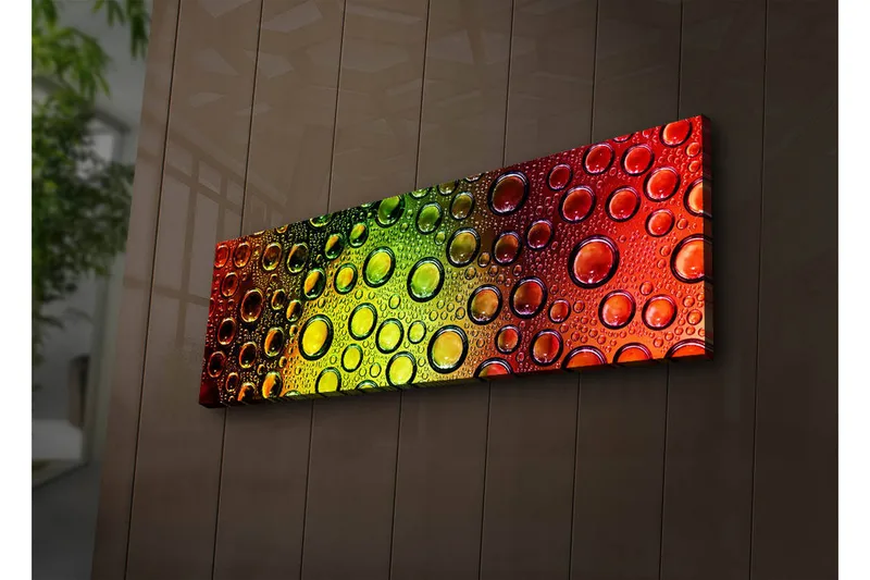 Canvas-taulu LED-valaistuksella 30x90 cm - Värikäs pisaroiden sommittelu pinnalla, Vihreä / Punainen / Oranssi