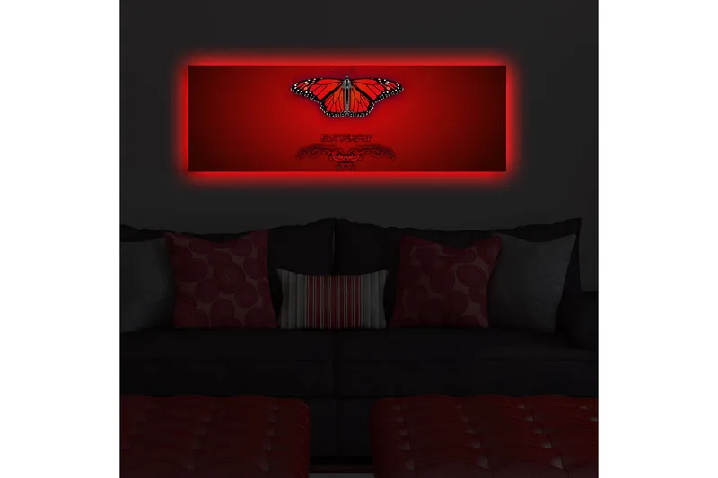 Canvas-taulu LED-valaistuksella 30x90 cm - Värikäs perhonen yksityiskohtaisilla siivillä - Punainen / Musta / Oranssi - Sisustustuotteet - Taulu & taide - Canvas-taulu