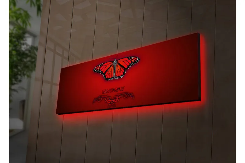 Canvas-taulu LED-valaistuksella 30x90 cm - Värikäs perhonen yksityiskohtaisilla siivillä, Punainen / Musta / Oranssi
