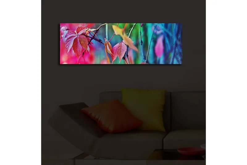 Canvas-taulu LED-valaistuksella 30x90 cm - Värikkäät syksyn lehdet abstraktissa sommitelmassa - Vaaleanpunainen / Sininen / Vihreä - Sisustustuotteet - Taulu & taide - Canvas-taulu