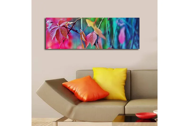 Canvas-taulu LED-valaistuksella 30x90 cm - Värikkäät syksyn lehdet abstraktissa sommitelmassa - Vaaleanpunainen / Sininen / Vihreä - Sisustustuotteet - Taulu & taide - Canvas-taulu