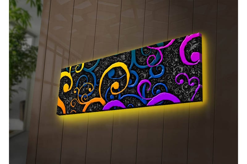 Canvas-taulu LED-valaistuksella 30x90 cm - Värikkäitä kääröjä tummalla taustalla, Keltainen / Violetti / Sininen