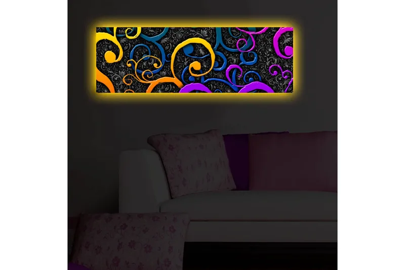 Canvas-taulu LED-valaistuksella 30x90 cm - Värikkäitä kääröjä tummalla taustalla - Keltainen / Violetti / Sininen - Sisustustuotteet - Taulu & taide - Canvas-taulu