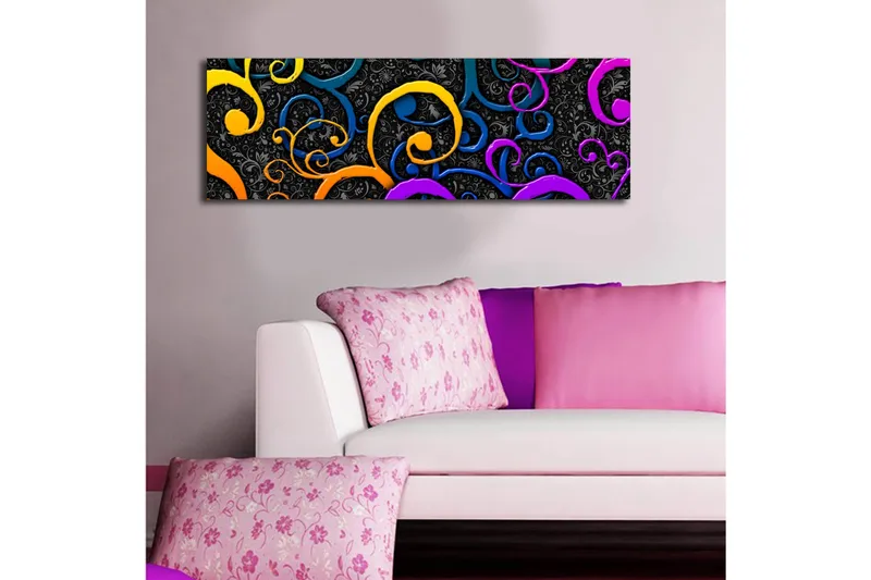 Canvas-taulu LED-valaistuksella 30x90 cm - Värikkäitä kääröjä tummalla taustalla - Keltainen / Violetti / Sininen - Sisustustuotteet - Taulu & taide - Canvas-taulu
