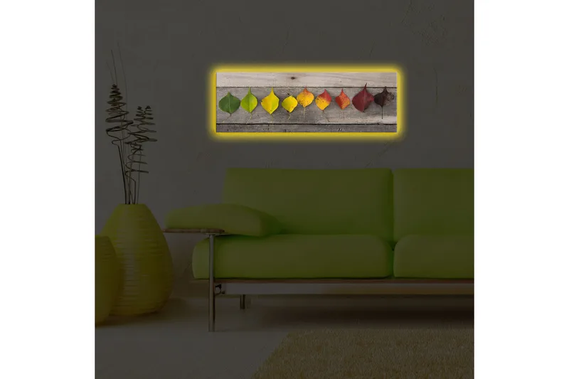 Canvas-taulu LED-valaistuksella 30x90 cm - Värikkäitä lehtiä rivissä puulevyllä - Vihreä / Keltainen / Punainen - Sisustustuotteet - Taulu & taide - Canvas-taulu
