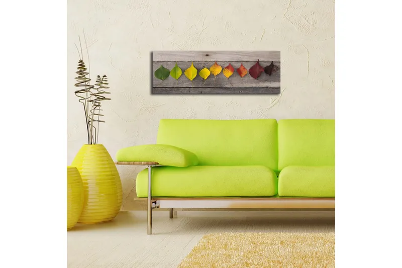 Canvas-taulu LED-valaistuksella 30x90 cm - Värikkäitä lehtiä rivissä puulevyllä - Vihreä / Keltainen / Punainen - Sisustustuotteet - Taulu & taide - Canvas-taulu