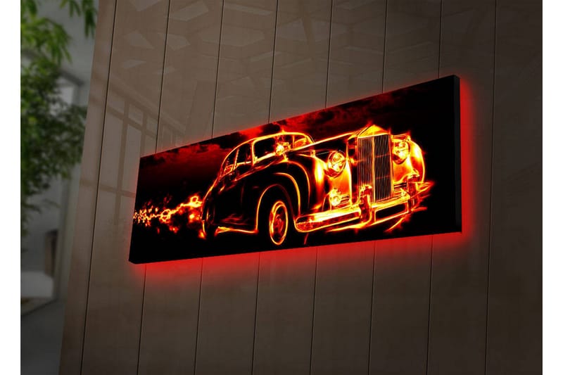 Canvas-taulu LED-valaistuksella 30x90 cm - Vanha auto liekkien ympäröimänä, Punainen / Musta / Oranssi