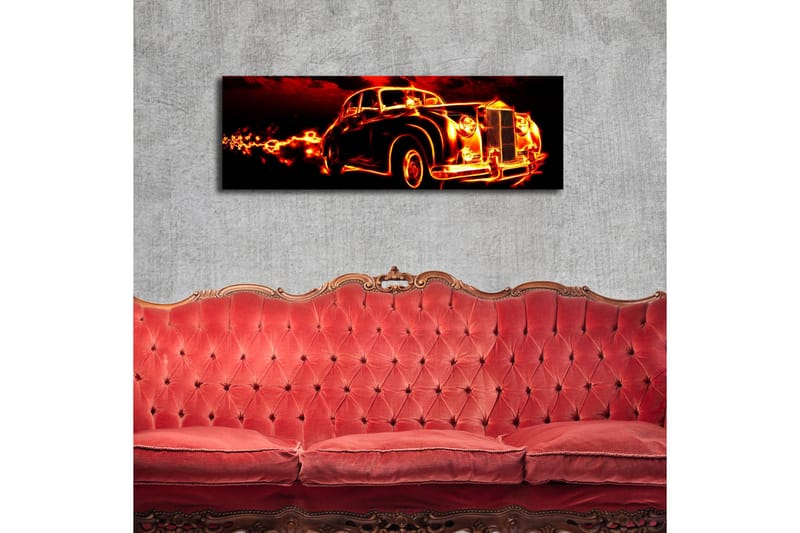 Canvas-taulu LED-valaistuksella 30x90 cm - Vanha auto liekkien ympäröimänä - Punainen / Musta / Oranssi - Sisustustuotteet - Taulu & taide - Canvas-taulu
