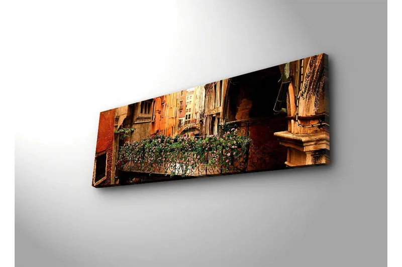 Canvas-taulu LED-valaistuksella 30x90 cm - Viehättävä parveke kukilla venetsialaisessa kujassa - Terrakotta / Vihreä / Vaaleanpunainen - Sisustustuotteet - Taulu & taide - Canvas-taulu