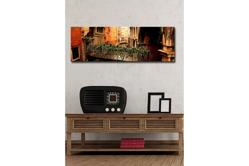 Canvas-taulu LED-valaistuksella 30x90 cm - Viehättävä parveke kukilla venetsialaisessa kujassa - Terrakotta / Vihreä / Vaaleanpunainen - Sisustustuotteet - Taulu & taide - Canvas-taulu