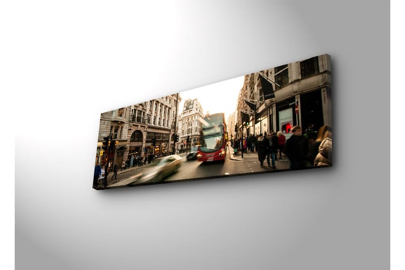 Canvas-taulu LED-valaistuksella 30x90 cm - Vilkas kaupunkikuva, jossa on liikettä ja ihmisiä kadulla - Punainen / Beige / Vihreä - Sisustustuotteet - Taulu & taide - Canvas-taulu