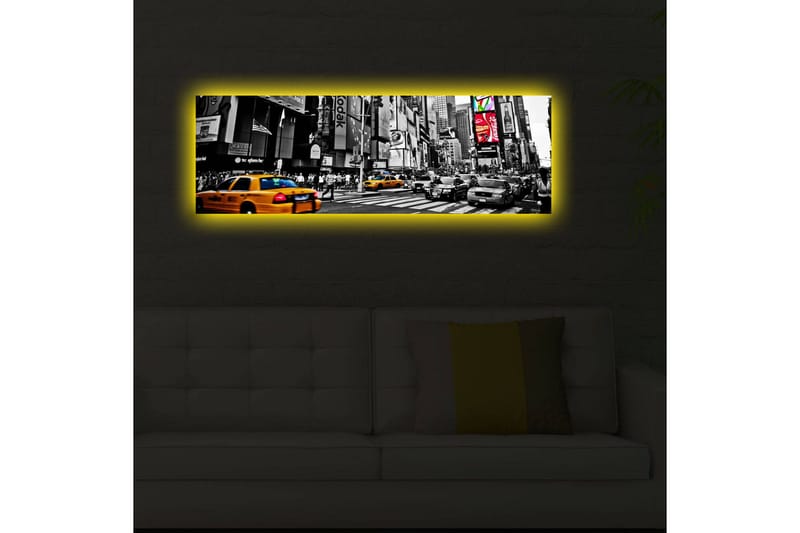 Canvas-taulu LED-valaistuksella 30x90 cm - Vilkas kaupunkikuva keltaisilla takseilla urbaanissa ympäristössä - Keltainen / Musta / Harmaa - Sisustustuotteet - Taulu & taide - Canvas-taulu