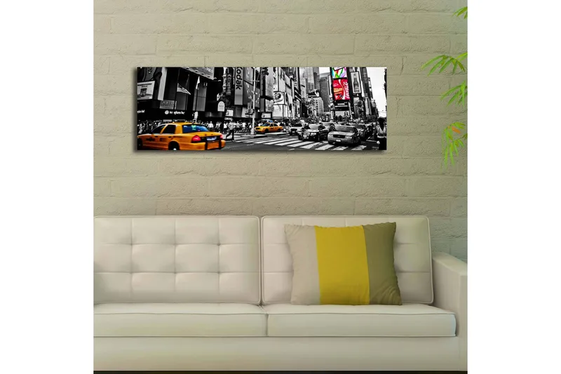 Canvas-taulu LED-valaistuksella 30x90 cm - Vilkas kaupunkikuva keltaisilla takseilla urbaanissa ympäristössä - Keltainen / Musta / Harmaa - Sisustustuotteet - Taulu & taide - Canvas-taulu