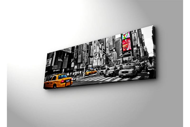 Canvas-taulu LED-valaistuksella 30x90 cm - Vilkas kaupunkikuva keltaisilla takseilla urbaanissa ympäristössä - Keltainen / Musta / Harmaa - Sisustustuotteet - Taulu & taide - Canvas-taulu