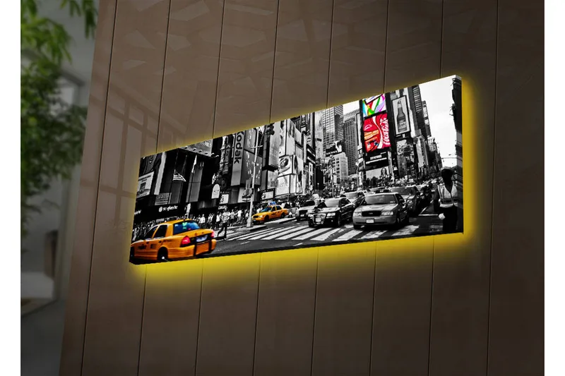 Canvas-taulu LED-valaistuksella 30x90 cm - Vilkas kaupunkikuva keltaisilla takseilla urbaanissa ympäristössä - Keltainen / Musta / Harmaa - Sisustustuotteet - Taulu & taide - Canvas-taulu