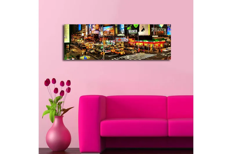 Canvas-taulu LED-valaistuksella 30x90 cm - Vilkas Times Squaren kaupunkikuva neonvaloilla ja liikenteellä - Keltainen / Vihreä / Punainen - Sisustustuotteet - Taulu & taide - Canvas-taulu
