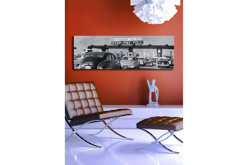 Canvas-taulu LED-valaistuksella 30x90 cm - Vintage-liikennenäkymä tietulliasemalla - Musta / Valkoinen / Harmaa - Sisustustuotteet - Taulu & taide - Canvas-taulu