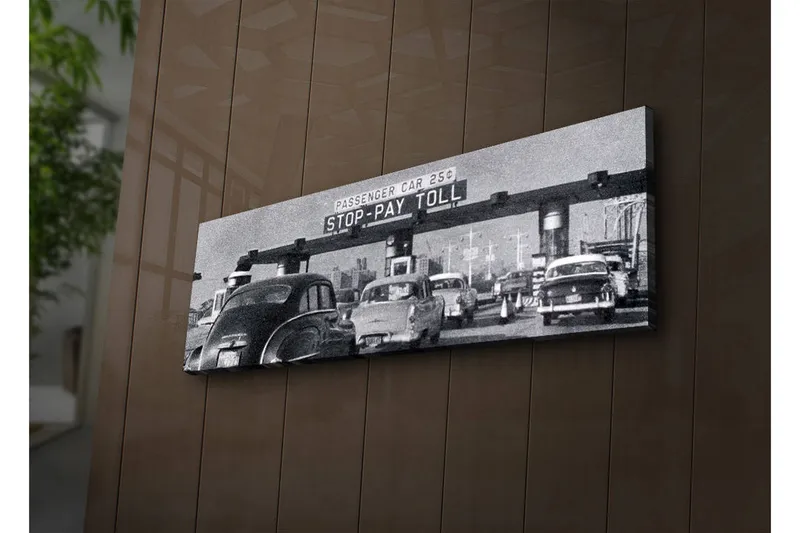 Canvas-taulu LED-valaistuksella 30x90 cm - Vintage-liikennenäkymä tietulliasemalla, Musta / Valkoinen / Harmaa