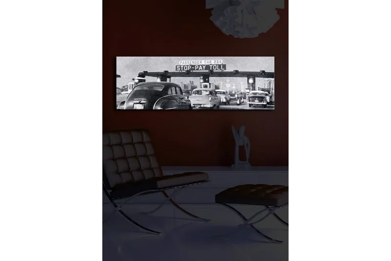 Canvas-taulu LED-valaistuksella 30x90 cm - Vintage-liikennenäkymä tietulliasemalla - Musta / Valkoinen / Harmaa - Sisustustuotteet - Taulu & taide - Canvas-taulu