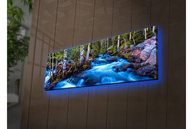 Canvas-taulu LED-valaistuksella 30x90 cm - Virtaava vesi luonnonkauniissa ympäristössä ympäröivien puiden keskellä - Sininen / Vihreä / Ruskea - Sisustustuotteet - Taulu & taide - Canvas-taulu