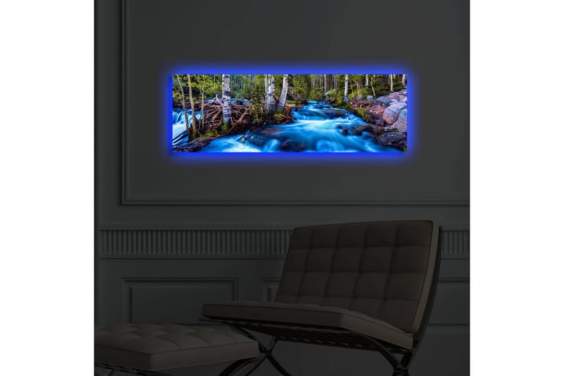 Canvas-taulu LED-valaistuksella 30x90 cm - Virtaava vesi luonnonkauniissa ympäristössä ympäröivien puiden keskellä - Sininen / Vihreä / Ruskea - Sisustustuotteet - Taulu & taide - Canvas-taulu