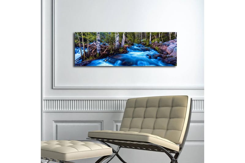 Canvas-taulu LED-valaistuksella 30x90 cm - Virtaava vesi luonnonkauniissa ympäristössä ympäröivien puiden keskellä - Sininen / Vihreä / Ruskea - Sisustustuotteet - Taulu & taide - Canvas-taulu