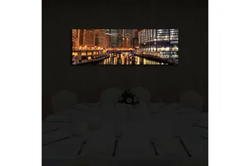 Canvas-taulu LED-valaistuksella 30x90 cm - Yöllinen kaupunkikuva heijastuksilla vedessä - Kulta / Sininen / Musta - Sisustustuotteet - Taulu & taide - Canvas-taulu