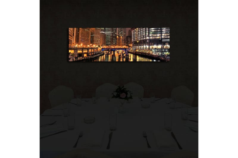 Canvas-taulu LED-valaistuksella 30x90 cm - Yöllinen kaupunkikuva heijastuksilla vedessä - Kulta / Sininen / Musta - Sisustustuotteet - Taulu & taide - Canvas-taulu