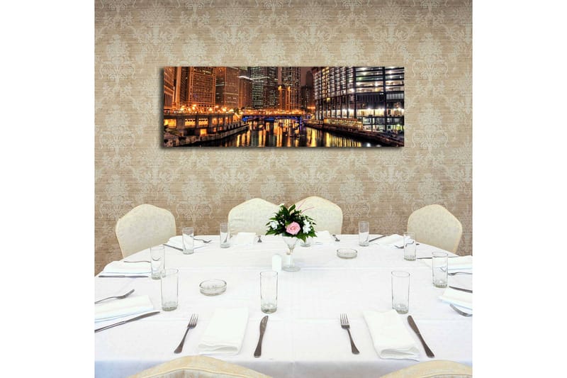 Canvas-taulu LED-valaistuksella 30x90 cm - Yöllinen kaupunkikuva heijastuksilla vedessä - Kulta / Sininen / Musta - Sisustustuotteet - Taulu & taide - Canvas-taulu